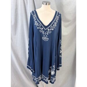 Caite Navy Blue Embroidered Floral V-Neck Bell Sleeve Tunic Dress 3X Boho